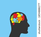 Silhouette of head man with puzzle pieces in the brain. Education, knowledge, psychology, memory, logic concept. Mental and brain illness. Isolated on blue background. Vector flat illustration.