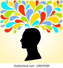 silhouette of the head of the man thinks bright colorful splashes