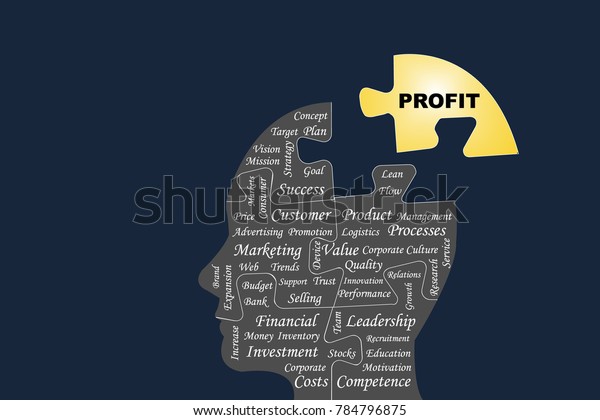Silhouette of the head of a manager divided by puzzle\
into main business management processes.  The yellow part of puzzle\
with the sign Profit is outside this silhouette. All on the dark\
background. 