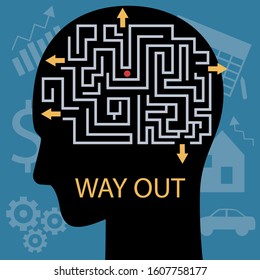 silhouette of a head and the maze puzzle inside to find the way out. 