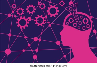 Silhouette of a head. Mental health relative design template. Gears in brains. New ideas concept. Connected lines with dots