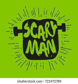 Silhouette of head the monster with lettering text on green background. Vector sticker.