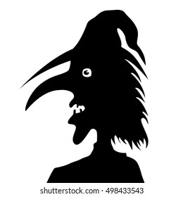 Silhouette of the head of the old witch isolated on a white background