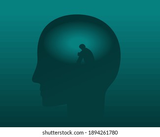 Silhouette of head with a person sitting alone stressed, overthinking, loneliness. Suffering from anxiety. disorder design symbol concept. Illustration vector