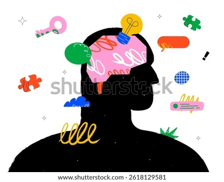 A silhouette of a head with a pink brain inside, surrounded by various graphic elements, a light bulb, puzzle pieces, speech bubbles, a key and abstract doodles. The concept of thinking, creativity.