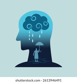 A silhouette of a head in profile with a brain-like cloud inside, it's raining, and a small man with an umbrella. Illustration on the human brain, mind, depression