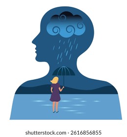 A silhouette of a head in profile with a brain-like cloud inside, it's raining, and a small man with an umbrella. Illustration on the human brain, mind, depression