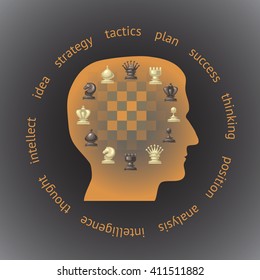 Silhouette of a head in profile filled with chess pieces. Concept strategy, thinking, analysis in head.