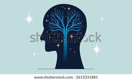 Silhouette of a head in profile, inside which a tree looks like a brain. Illustration on the theme of a human brain, mind, meditation, biohacking