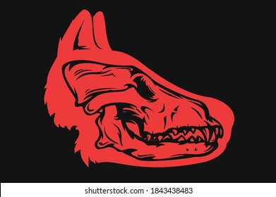 Silhouette head and skull wolf or dog in hand drawn colorful style isolated on black background. Vintage cartoon vector art illustration. Design element for tattoo, print, cover.