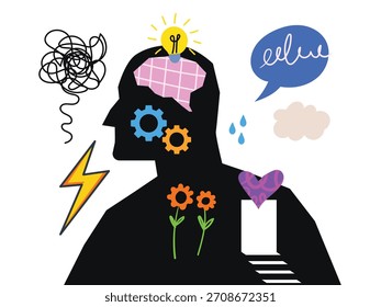 Silueta de una cabeza, rodeada de varios Elementos gráficos, pensamiento, creatividad, salud mental