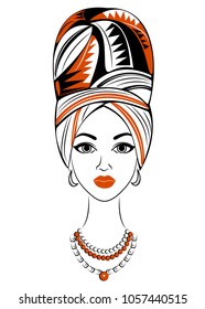 Silhouette of a head of a sweet lady. A bright shawl and a turban are tied on the head of an African-American girl. The woman is beautiful and stylish. Vector illustration.