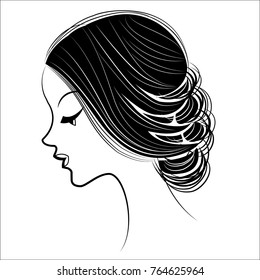 Silhouette of a head of a sweet lady. The girl shows her hair on long and medium hair. The woman is beautiful and stylish. Vector illustration.