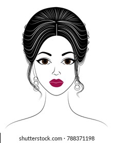 Silhouette of a head of a sweet lady. The girl shows her hair on long and medium hair. The woman is beautiful and stylish. Vector illustration.
