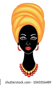 Silhouette of a head of a sweet lady. On the head of an African-American girl a yellow shawl and a turban are tied. The woman is beautiful and stylish. Vector illustration.