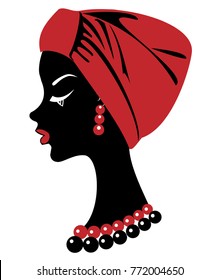 Silhouette of a head of a sweet lady. On the head of an African-American girl is a tied red scarf, turban. The woman is beautiful and stylish. Vector illustration.