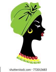 Silhouette of a head of a sweet lady. On the head of an African-American girl is a tied green shawl, a turban. On the neck beads. The woman is beautiful and stylish. Vector illustration.
