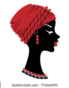 Silhouette of a head of a sweet lady. On the head of an African-American girl is a tied red scarf, turban. On the neck beads. The woman is beautiful and stylish. Vector illustration.