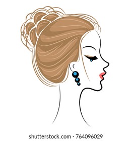 Silhouette of a head of a sweet lady in profile. The girl shows a hairstyle with long hair. The woman is beautiful and stylish. Vector illustration.