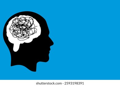 Silhouette of a Head with a Tangled Brain on a Blue Background