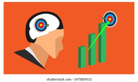 silhouette of the head thinking about the target. the bar graph rises to the target. bow arrow on target points with a blank background. eps10 vector file, separate layer object.