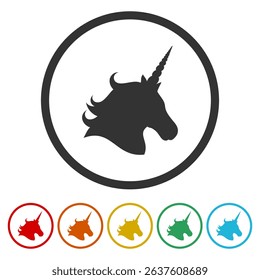 Silhouette head unicorn icon. Set icons in color circle buttons
