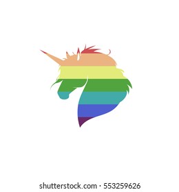 Silhouette of head unicorn. Rainbow flag in the shape of a unicorn. Beautiful magical animal. It can be printed on a t-shirt. Beautiful graphic element for your design. 