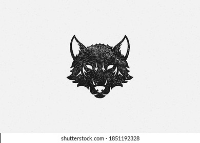 Silhouette of head wild wolf as symbol wildlife hand drawn stamp effect vector illustration. Vintage grunge texture on old paper for poster or label decoration.