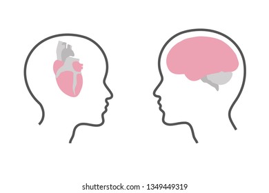 Silhouette of the head of a woman and a man. Heart and brain. Vector illustration. 