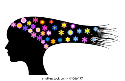 silhouette of head of woman with streams of flowers