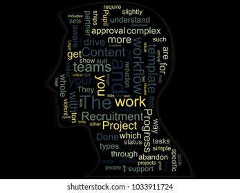 Silhouette of a head with words on a business topic inside. Abstract conceptual vector illustration