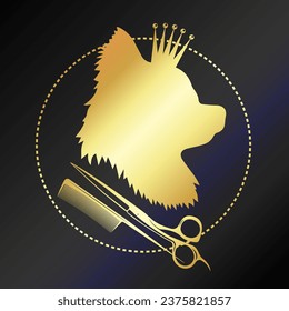 Silhouette of the head of a Yorkie dog with a golden crown, scissors and a comb. Grooming salon symbol for business