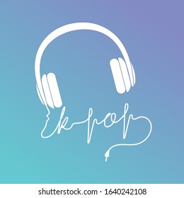 Silhouette of headphones and a word "k-pop" made of the cable. Vector illustration. Korean pop music. Banner, poster, greeting card, t-shirt, sticker, tag, bag print.