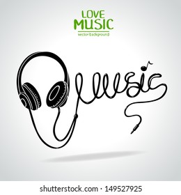 Silhouette of headphones and a word "music" made of the cable