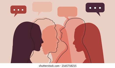 Silhouette heads diversity people in profile and Speech bubble. Talking and share ideas and Communication concept. Crowd talking. Dialogue group of diverse multiethnic multicultural people.