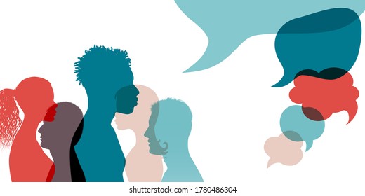 Silhouette heads face international people in profile talking and communicating. Speech bubble. Communication. Communicate share ideas information on social networks.Multiethnic community