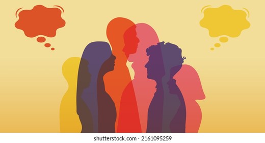 Silhouette heads face international people in profile talking and communicating. Crowd and Speech bubble. Communicate share ideas information on social networks. Communication and Community.	