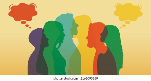 Silhouette heads face international people in profile talking and communicating. Crowd and Speech bubble. Communicate share ideas information on social networks. Communication and Community.	