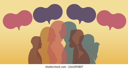 Silhouette heads face international people in profile talking and communicating. Crowd and Speech bubble. Communicate share ideas information on social networks. Communication and Community.	