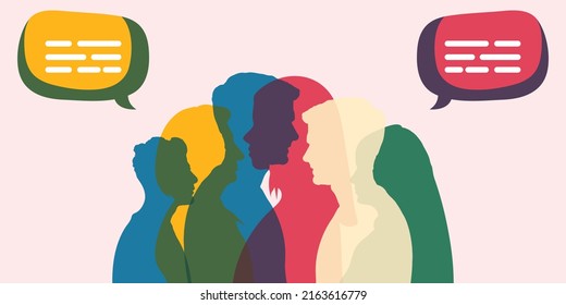 Silhouette heads face international people in profile talking and communicating. Crowd and Speech bubble. Communicate share ideas information on social networks. Communication and Community.