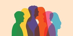 Silhouette Heads Faces In Profile Of Multiethnic And Multicultural People. Psychology And Psychiatry Concept. Psychological Therapy And Patients Under Treatment. Team Community And Diversity People. L