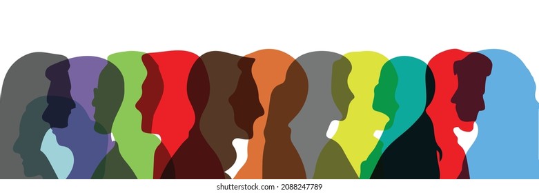 Silhouette heads faces in profile of multiethnic and Psychology and psychiatry concept. Psychological therapy. Patients under treatment. Diversity people. Team community