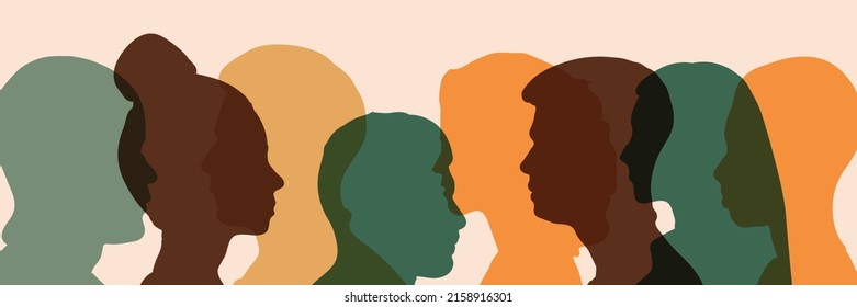 Silhouette heads faces in profile of multiethnic and multicultural people. Psychology and psychiatry concept. Psychological therapy and Patients under treatment. Team community and Diversity people.