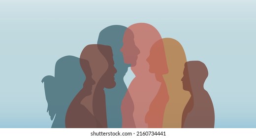 Silhouette heads faces in profile of multiethnic and multicultural people. Psychology and psychiatry concept. Psychological therapy and Patients under treatment. Team community and Diversity people. L