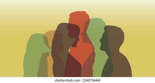 Silhouette heads faces in profile of multiethnic and multicultural people. Psychology and psychiatry concept. Psychological therapy and Patients under treatment. Team community and Diversity people. L