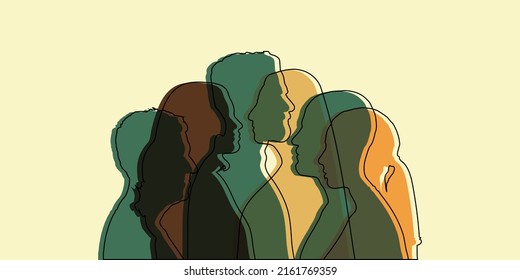 Silhouette heads faces in profile of multiethnic people. Psychology and psychiatry concept. Psychological therapy and Patients under treatment. Team and Diversity people. Local and regional culture.