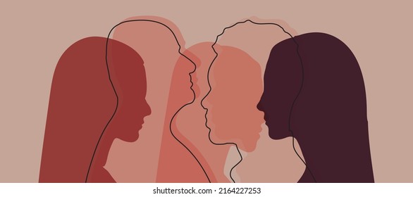 Silhouette heads faces in profile of multiethnic and multicultural people. Local and regional culture. Communication. Team community. Diverse people and concept. Solving psychological problems.