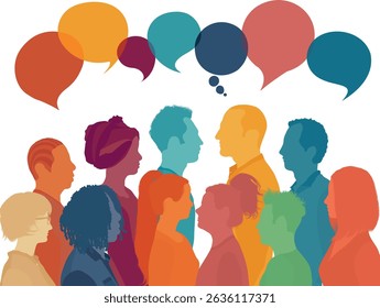 Silhouette heads faces to the side of group of multicultural people talking. Speech bubble. Communication between people