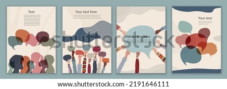 Silhouette heads group of international people talking. Diversity people.Speech bubble. Communication. Communicate on social networks. Racial equality. Ethnicity. Editable template. Poster