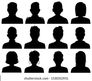 Silhouette heads. Male and female head avatars, office professional profiles. Anonymous faces portraits, black outline photo vector unknown faceless set